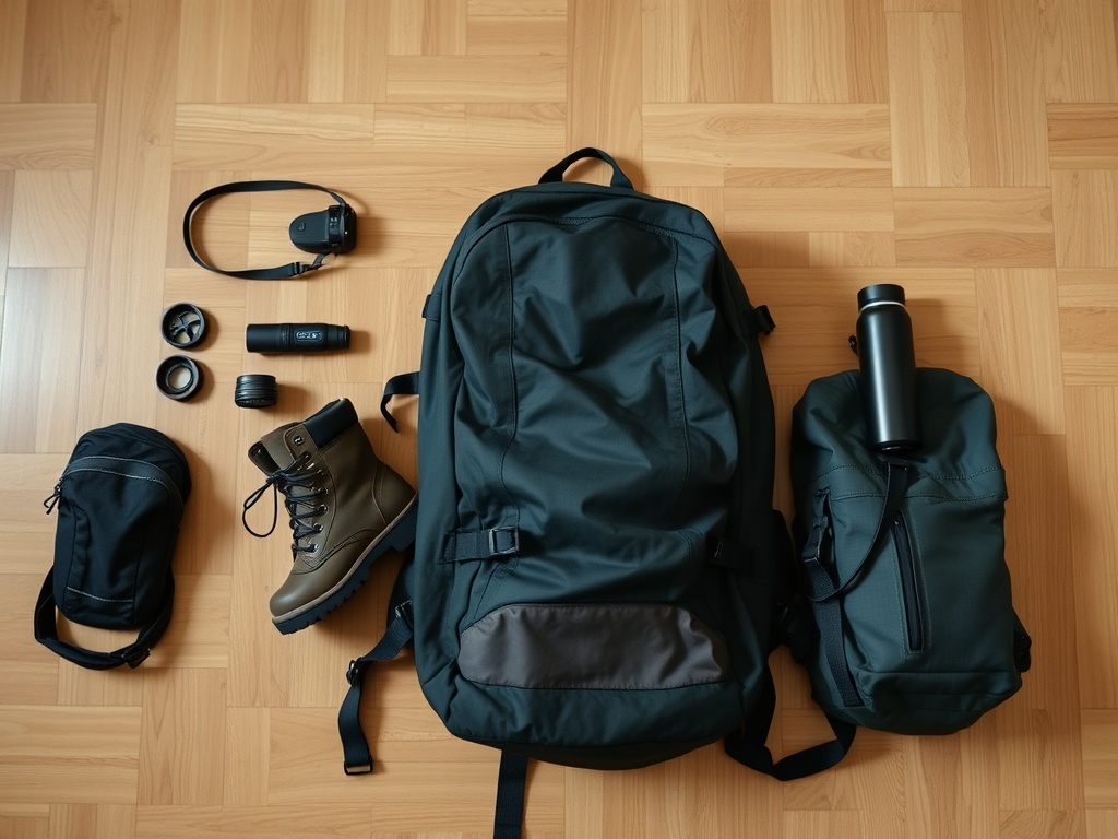 minimalist travel gear laid out on wooden floor, rugged backpack, hiking boots, headlamp, water bottle