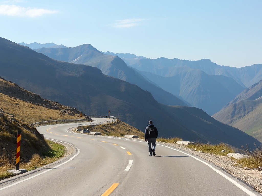 quiet scenic road winding through mountains, lone traveler walking slowly, peaceful atmosphere