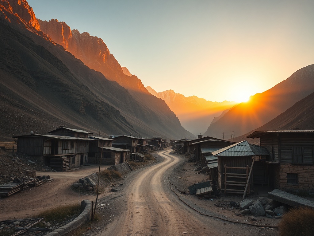 remote mountain village with dusty roads, minimal tourists, dramatic landscape, golden hour lighting