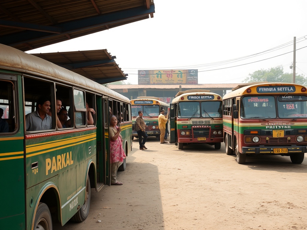 rural bus station with old vehicles, travelers waiting, dusty environment, authentic local scene