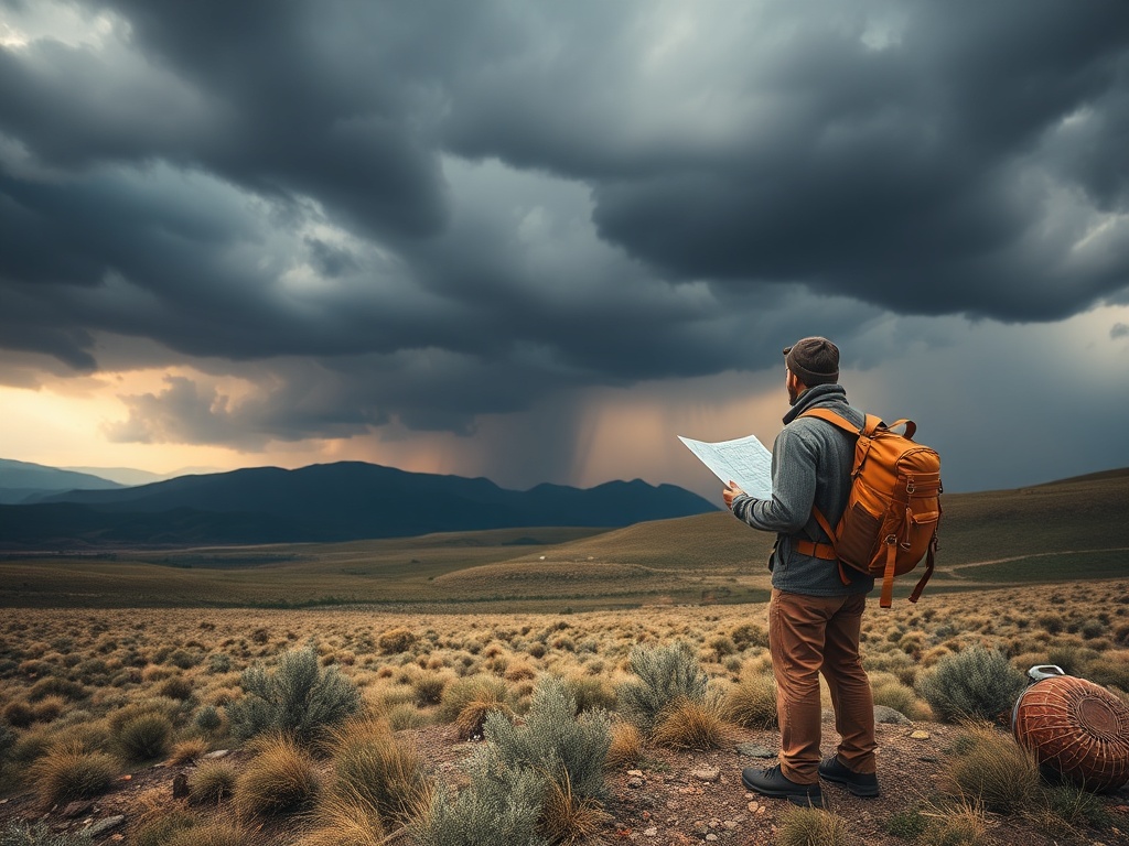 stormy sky over remote landscape, traveler looking prepared with map and gear