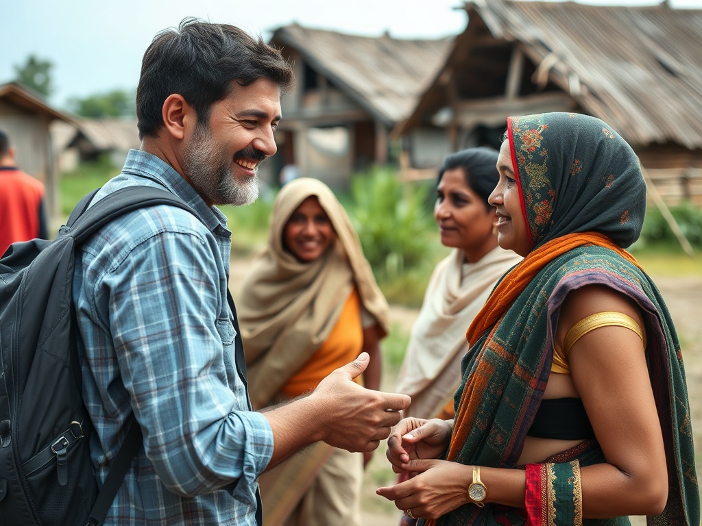 traveler interacting with local villagers, smiling, exchanging gestures, cultural authenticity