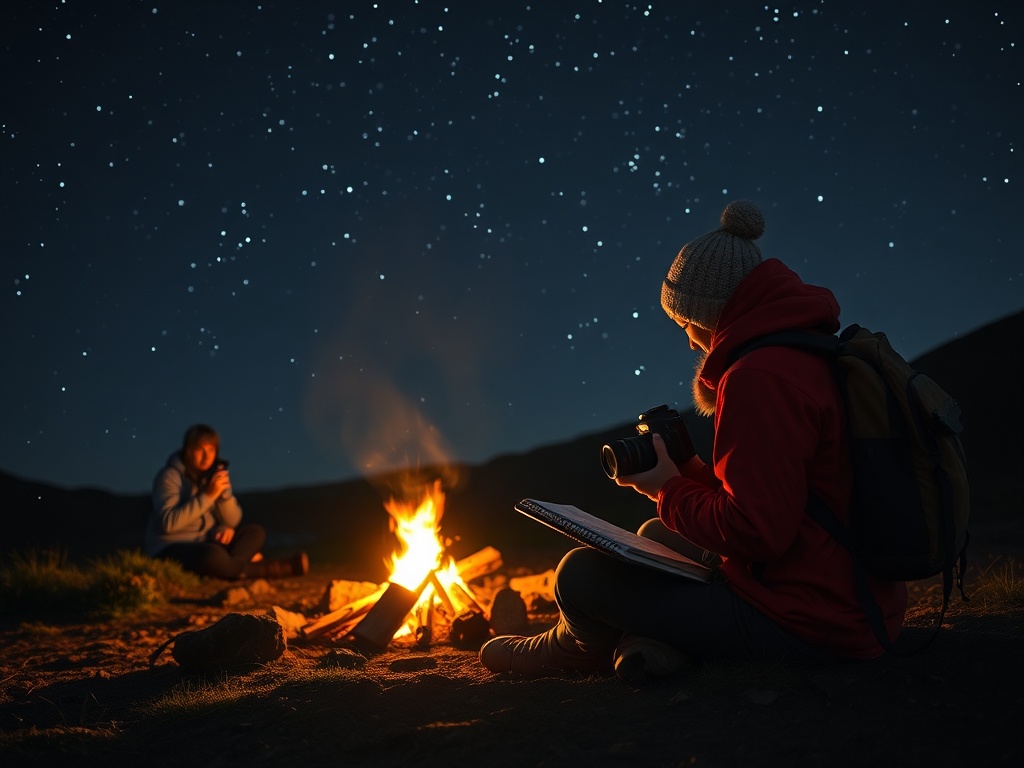 traveler journaling by campfire under stars, camera beside them, calm reflective mood