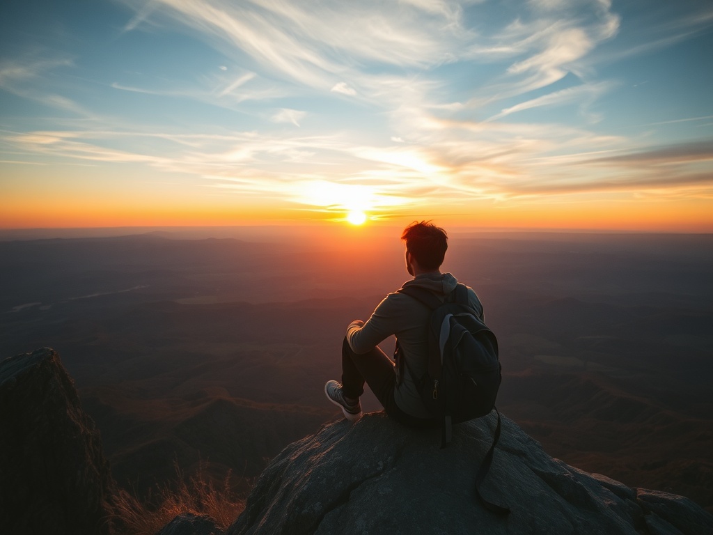 traveler sitting on cliff overlooking vast landscape at sunset, reflective mood, sense of accomplishment
