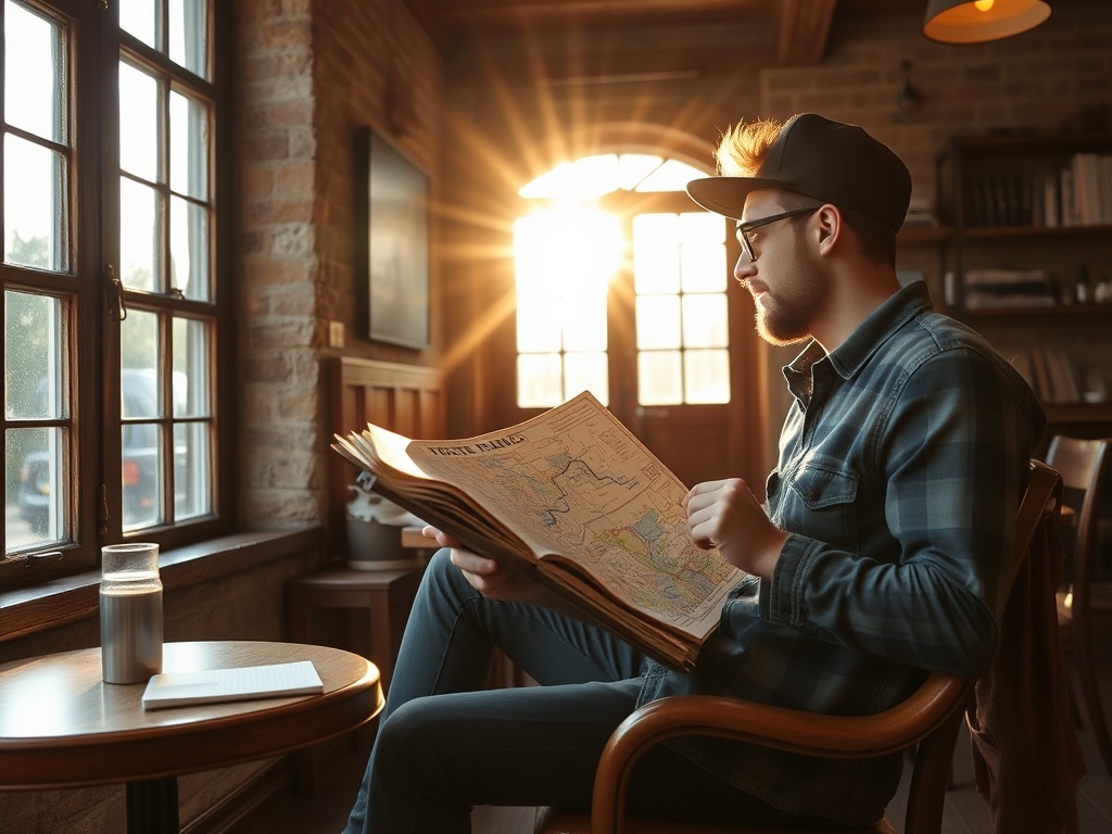 traveler sitting with map and notebook in a rustic cafe, sunlight coming through window, planning route loosely