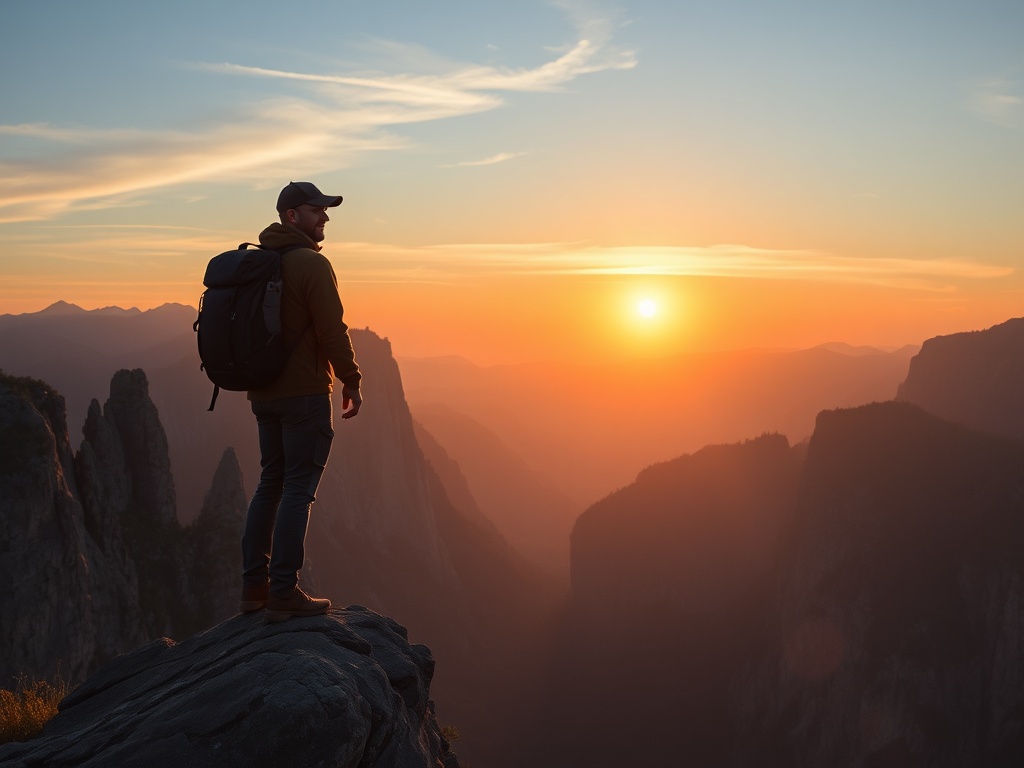 adventurous traveler standing on a cliff with sunrise over mountains