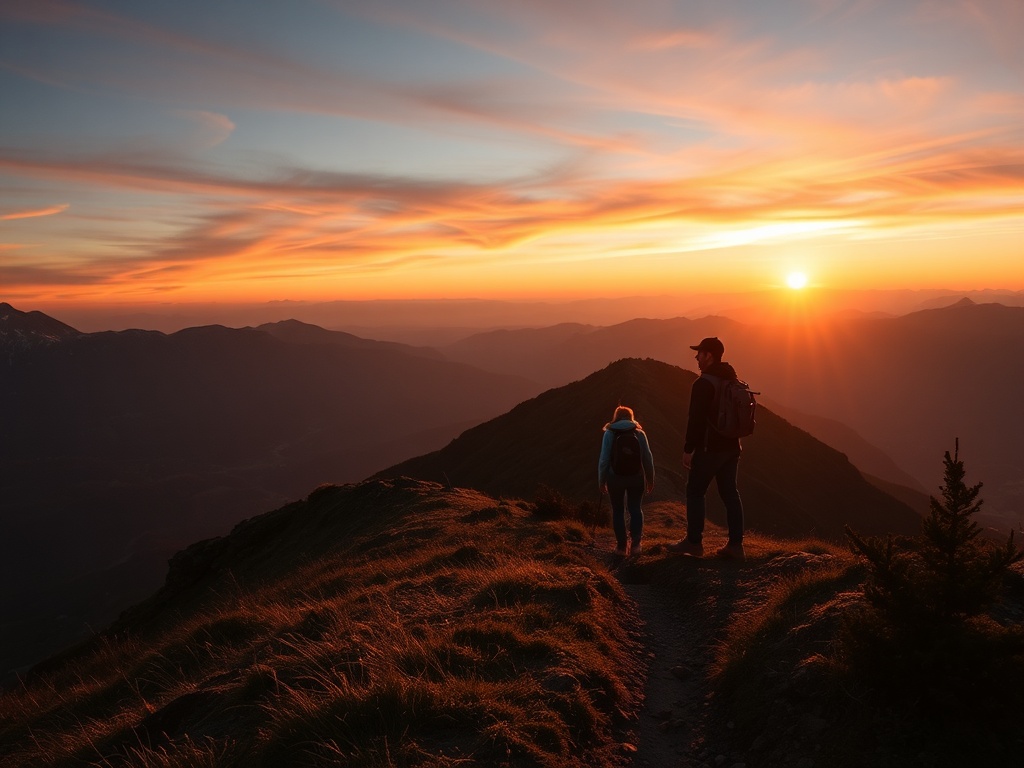 sunset over mountain trail with reflective traveler