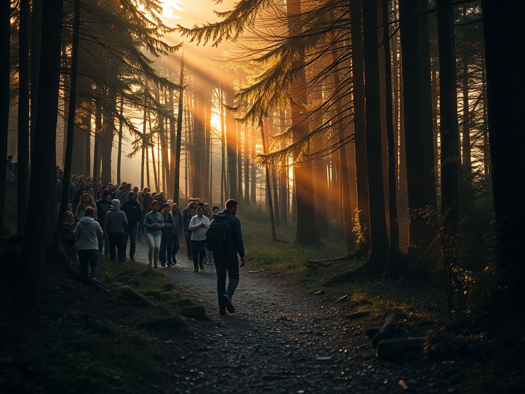 a lone traveler stepping off a crowded path into a quiet forest trail at golden hour, cinematic lighting, sense of discovery