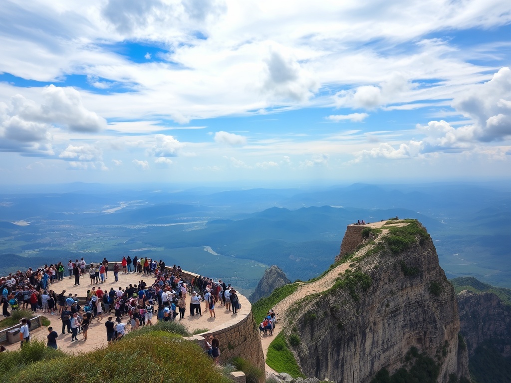 overlook viewpoint crowded with tourists contrasted with a quiet hidden cliff nearby, wide landscape, dramatic sky