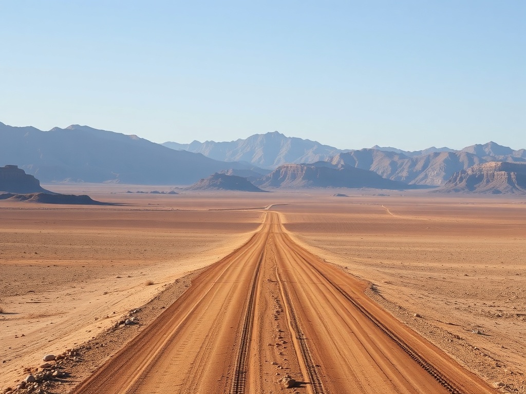remote dirt road cutting through desert landscape with mountains in distance, minimalistic, sense of solitude