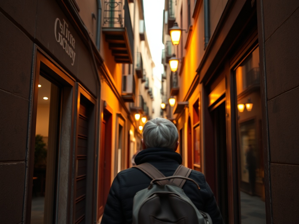 traveler navigating a narrow alley in a foreign city, warm street lights, local atmosphere, candid moment