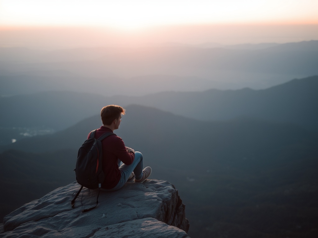 traveler sitting on a quiet cliff overlooking vast landscape at sunrise, reflective mood, soft light