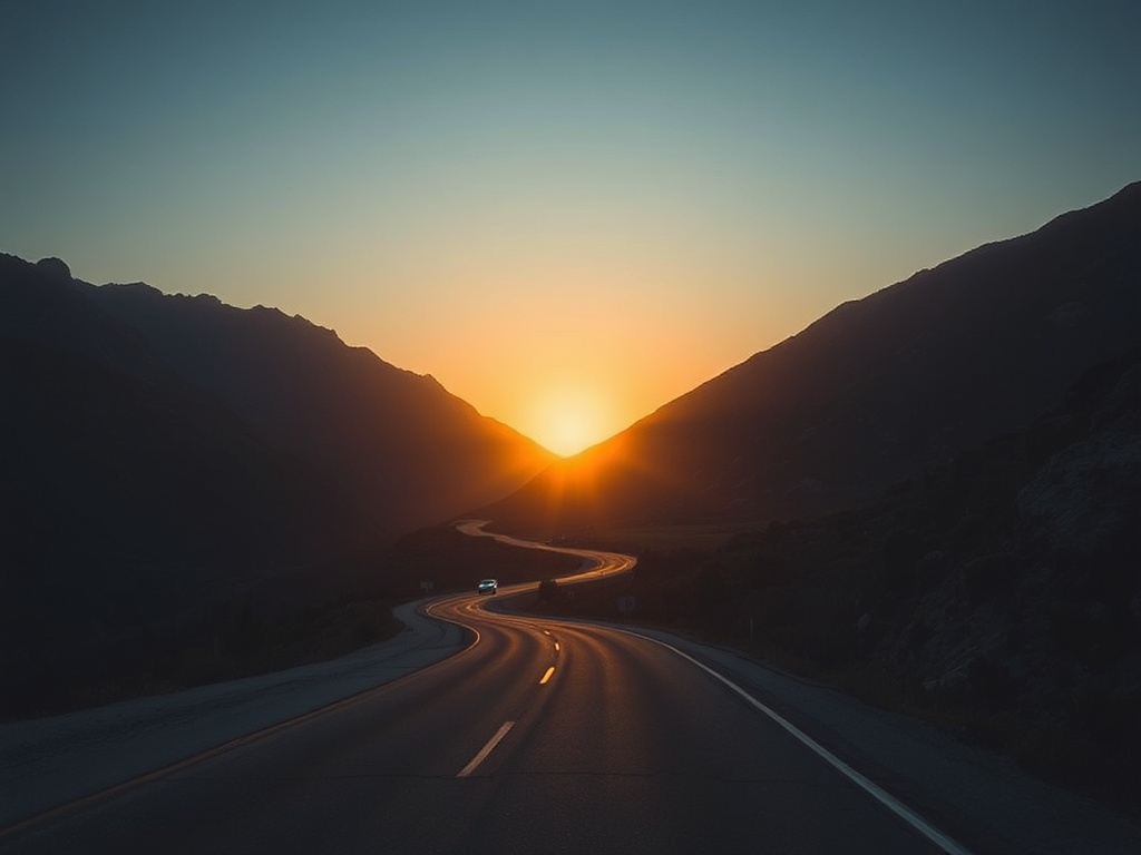 winding backroad through mountains at sunset, no cars, golden light, cinematic composition