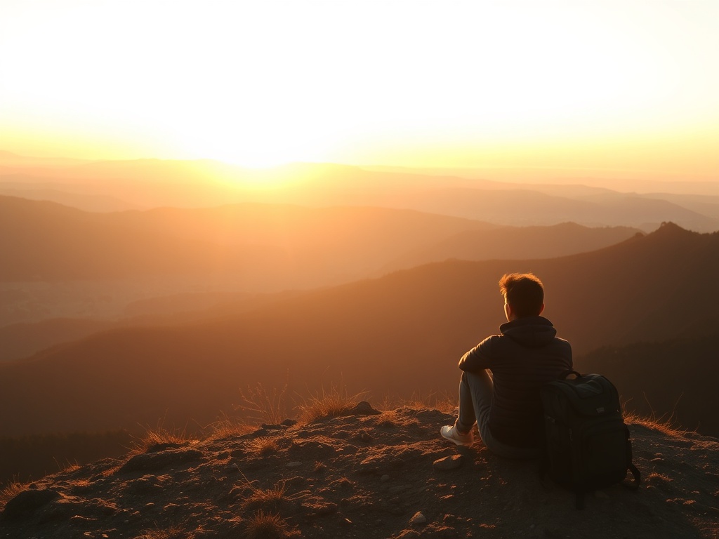 a lone traveler sitting on a quiet mountain overlook at sunrise, backpack beside them, golden light over vast landscape, peaceful and reflective mood