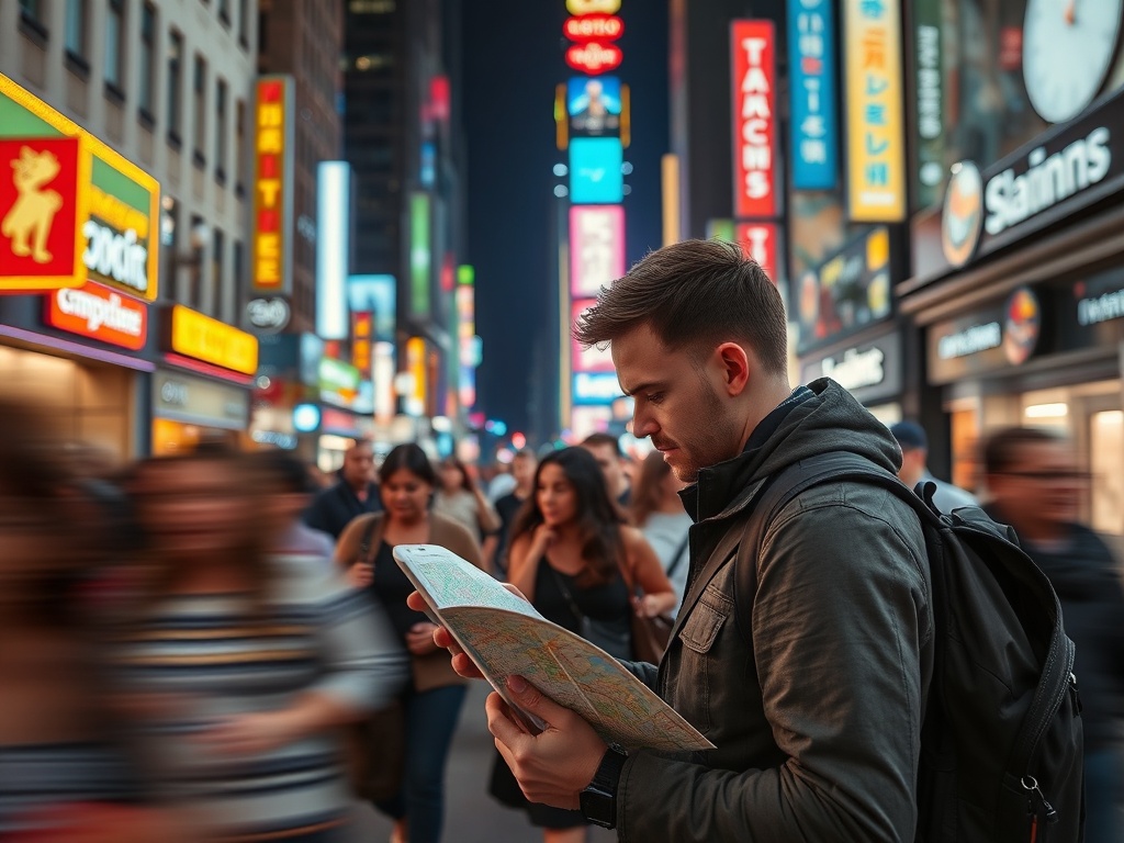busy traveler checking phone map in crowded city street, motion blur of people rushing past, neon lights and urban chaos