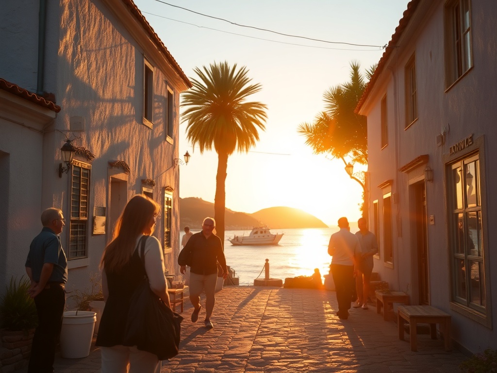 golden hour in a quiet coastal village, locals chatting, warm light, relaxed atmosphere, traveler blending into scene