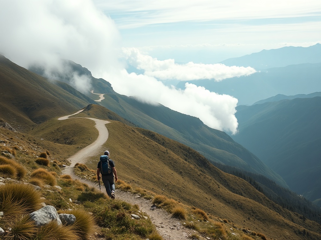 hiker slowly walking along a winding mountain trail with expansive views, soft clouds, sense of calm and space