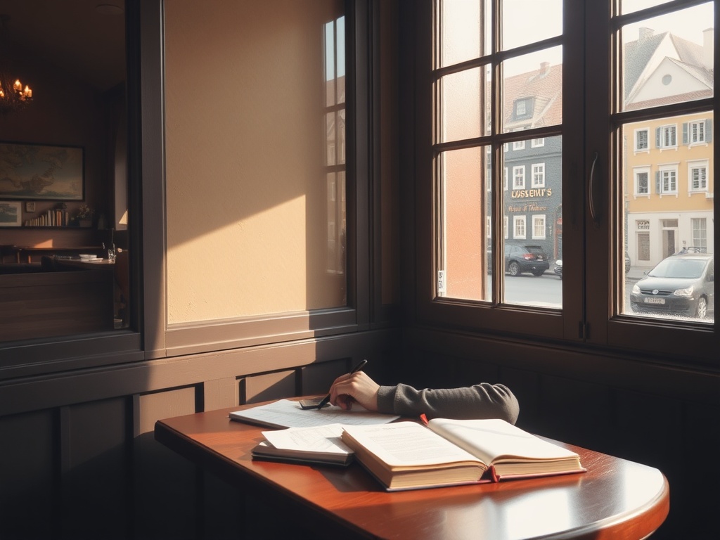 traveler sitting at a quiet café table in a small town, journal open, sunlight through window, slow relaxed morning vibe
