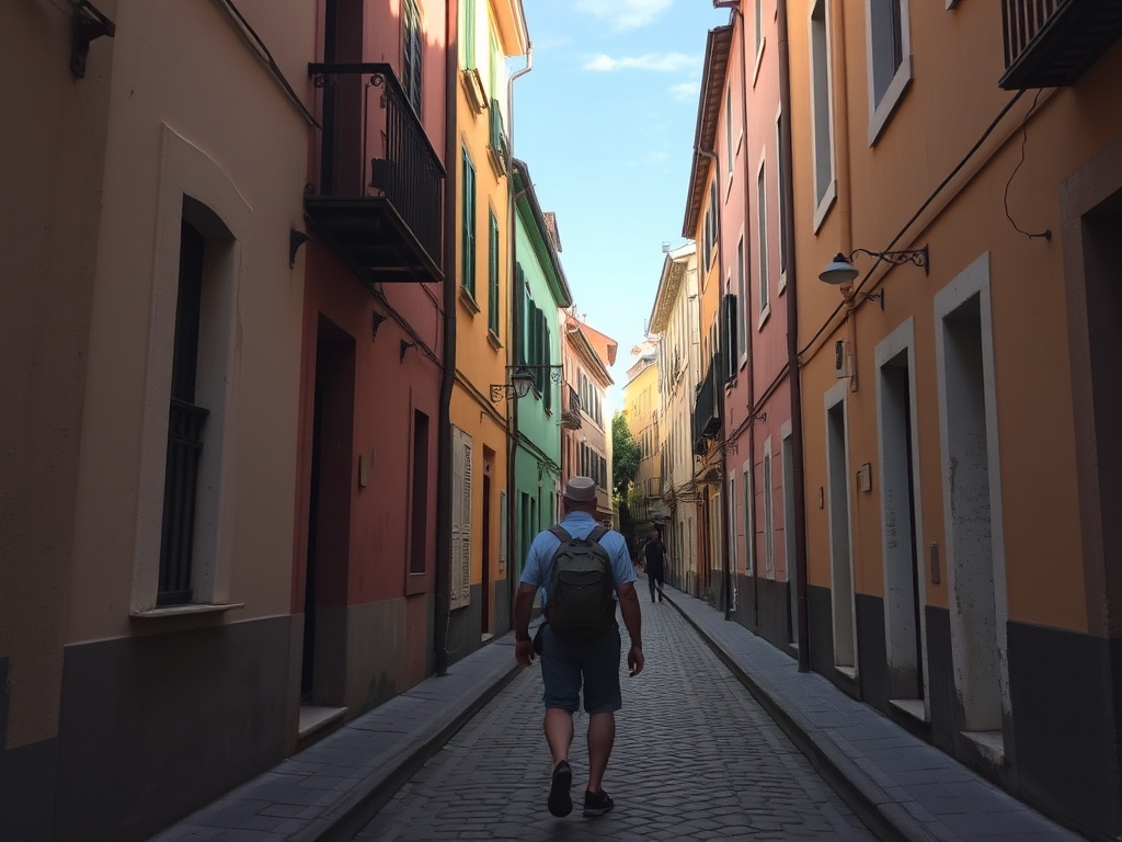 traveler wandering down a narrow cobblestone street with no destination, colorful buildings, soft afternoon light
