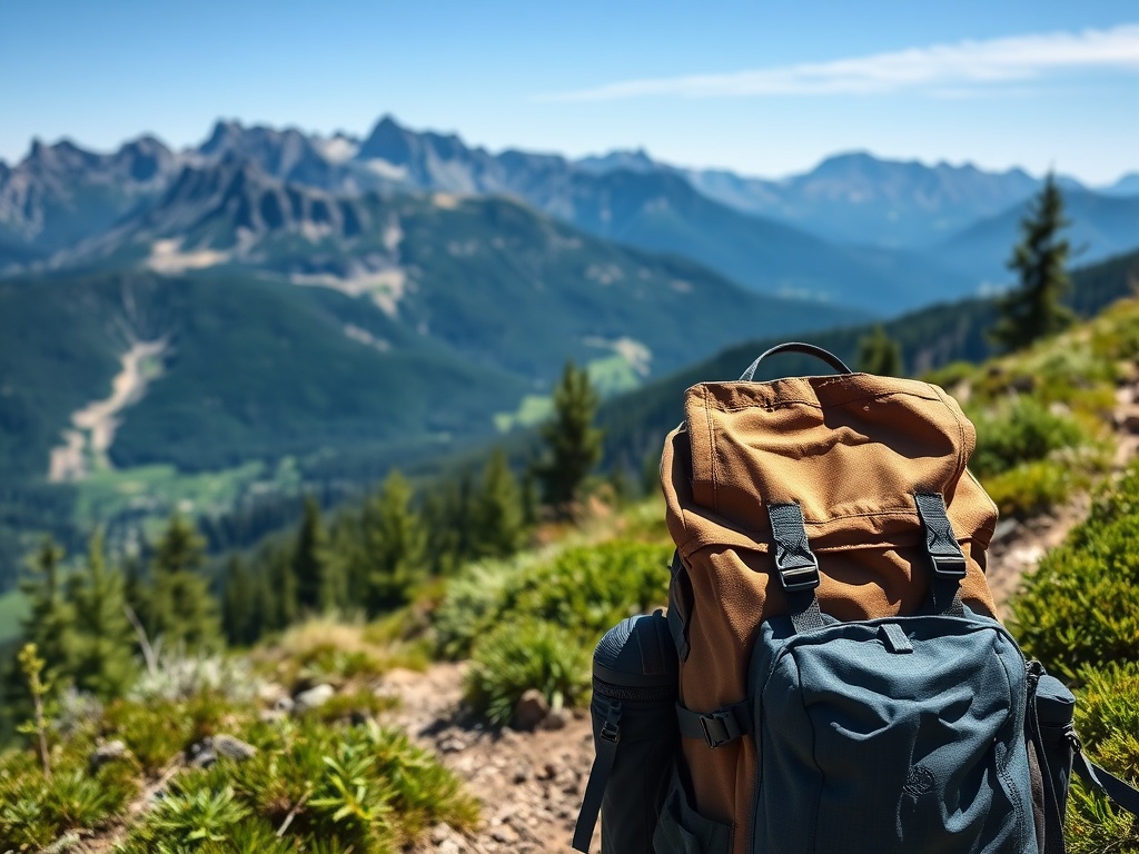 backpack with hiking gear on trail, scenic mountains in background