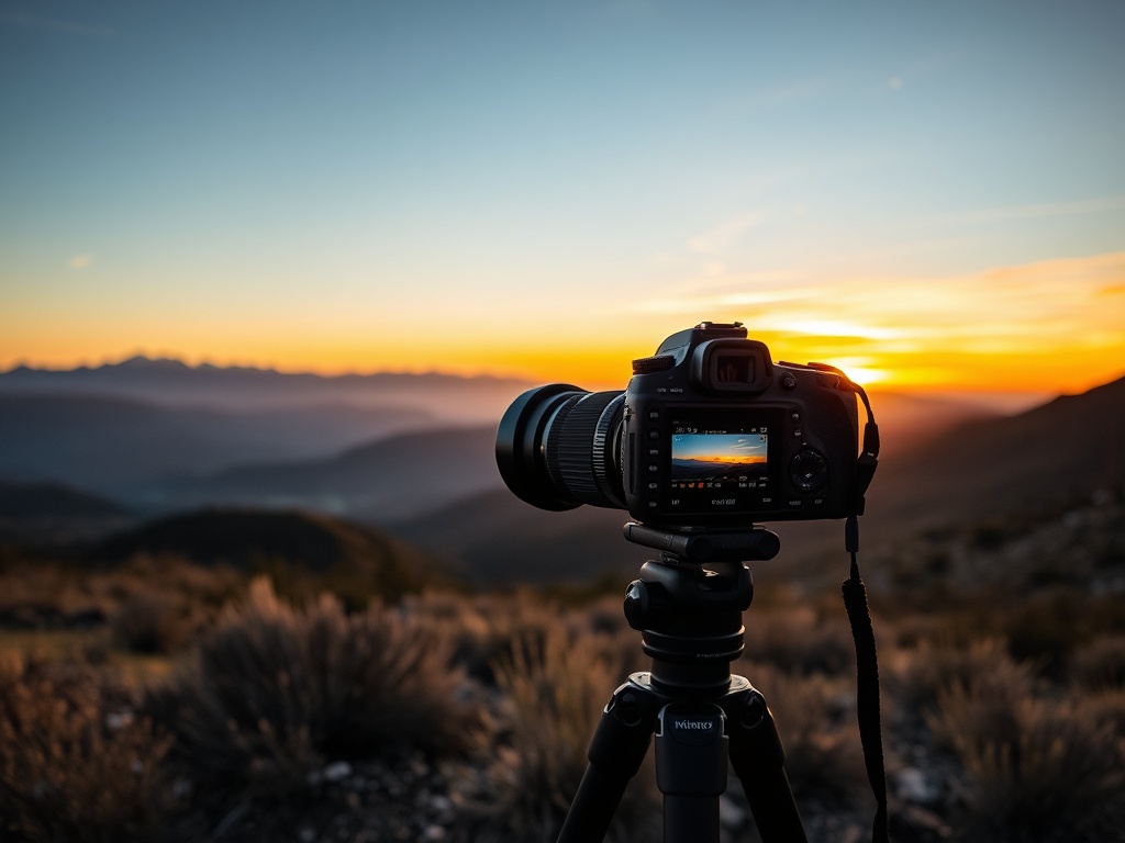 camera on tripod capturing sunset over a remote mountain range