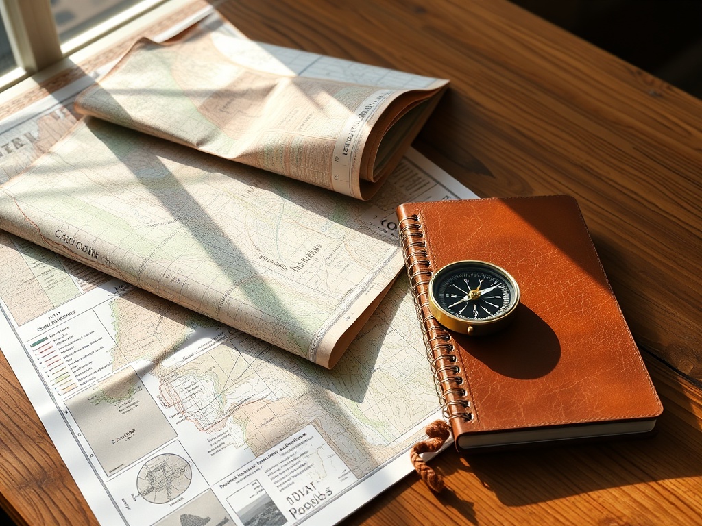 folded maps, compass, and travel journal on wooden table with sunlight streaming through