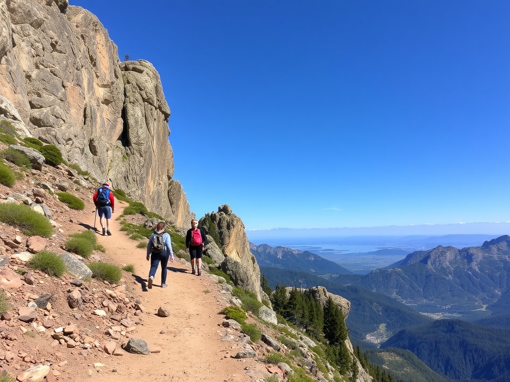 group of hikers exploring a rugged trail with breathtaking panoramic view
