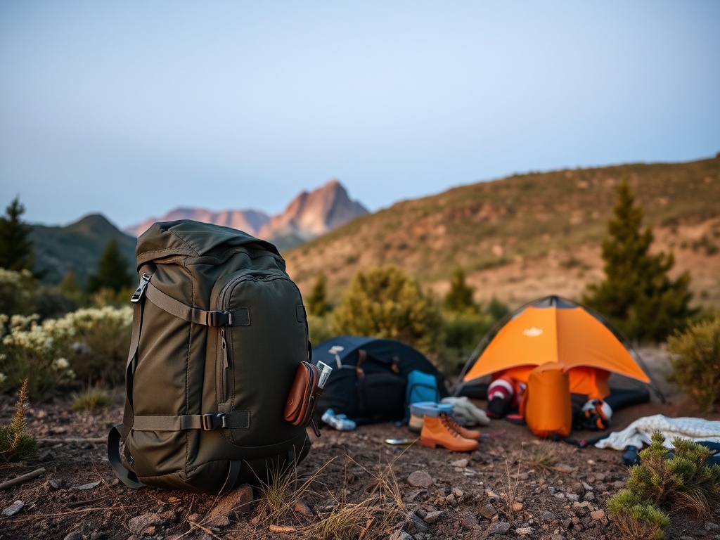 lightweight camping gear and compact backpack ready for trail hike