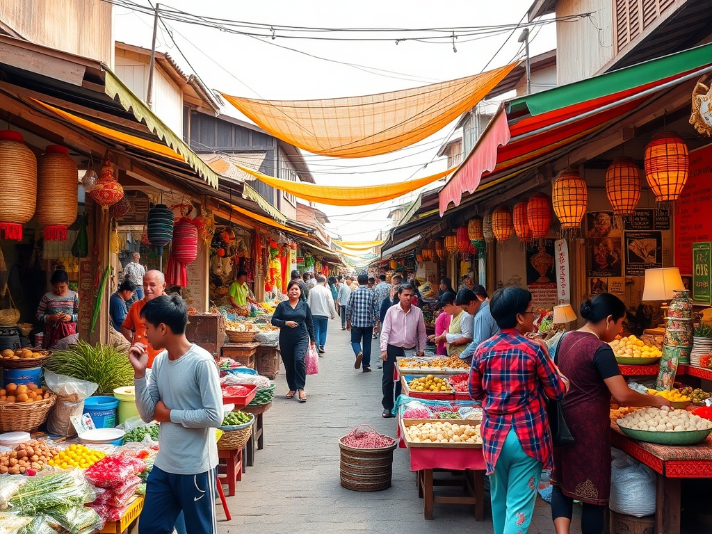 local market with colorful stalls and people engaging in traditional activities