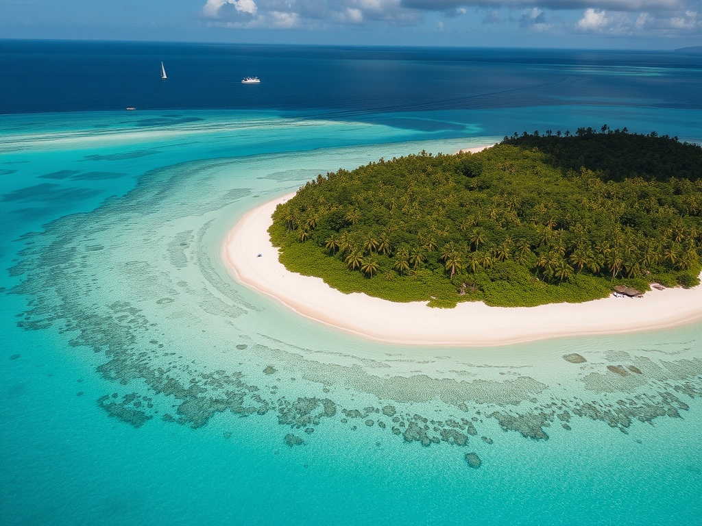 remote tropical island with pristine beaches and clear turquoise waters, drone perspective