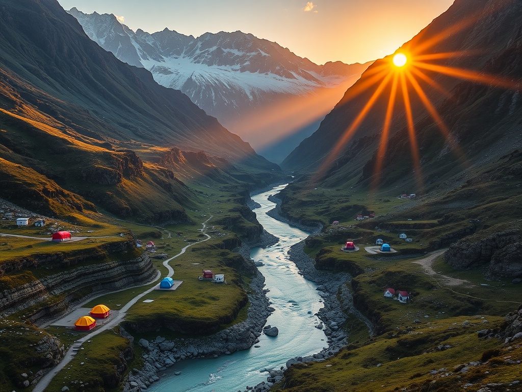 scenic mountain valley with winding river and colorful tents, sunrise casting golden light