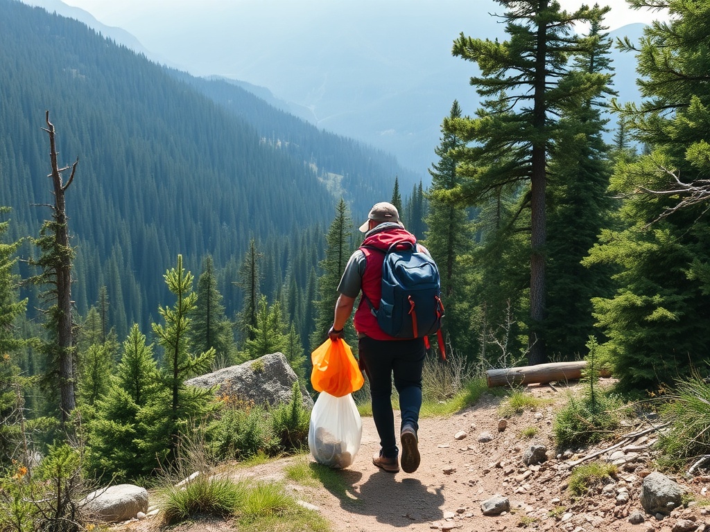 traveler picking up trash while hiking in forested mountains