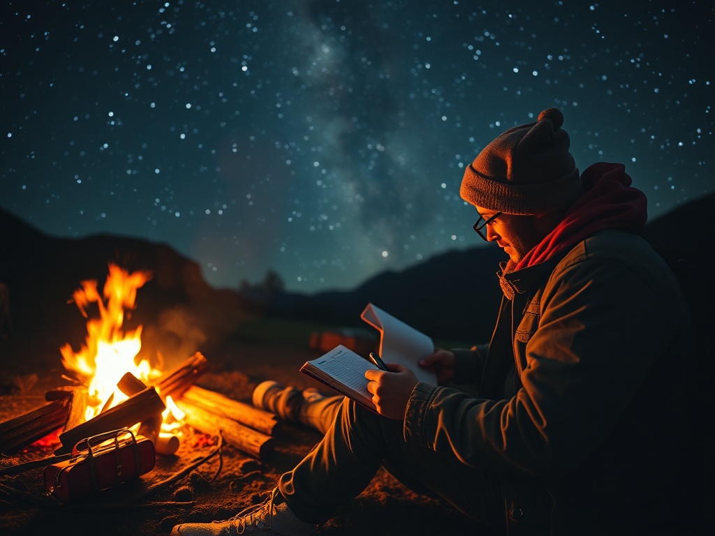 traveler writing in journal by campfire under starry night sky