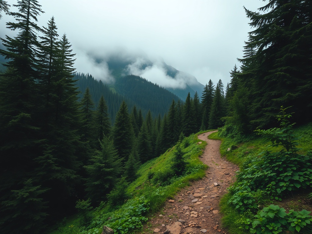 a remote mountain trail leading into misty peaks, surrounded by lush green forest