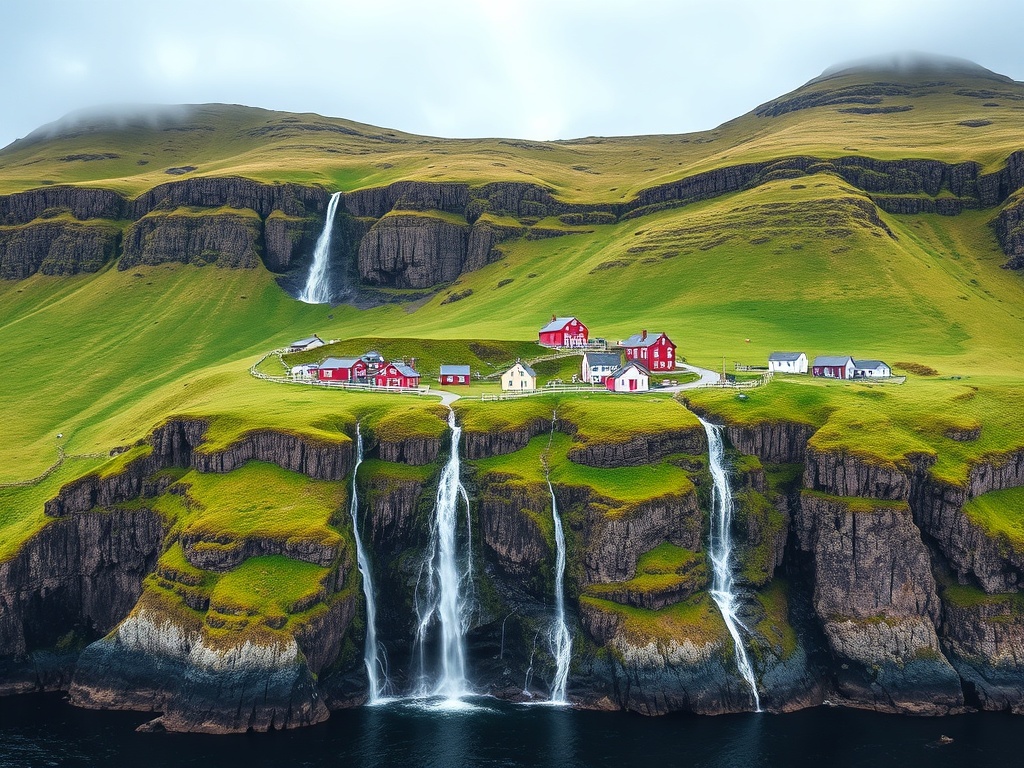 Faroe Islands' cliffs with cascading waterfalls and small colorful houses on the green slopes