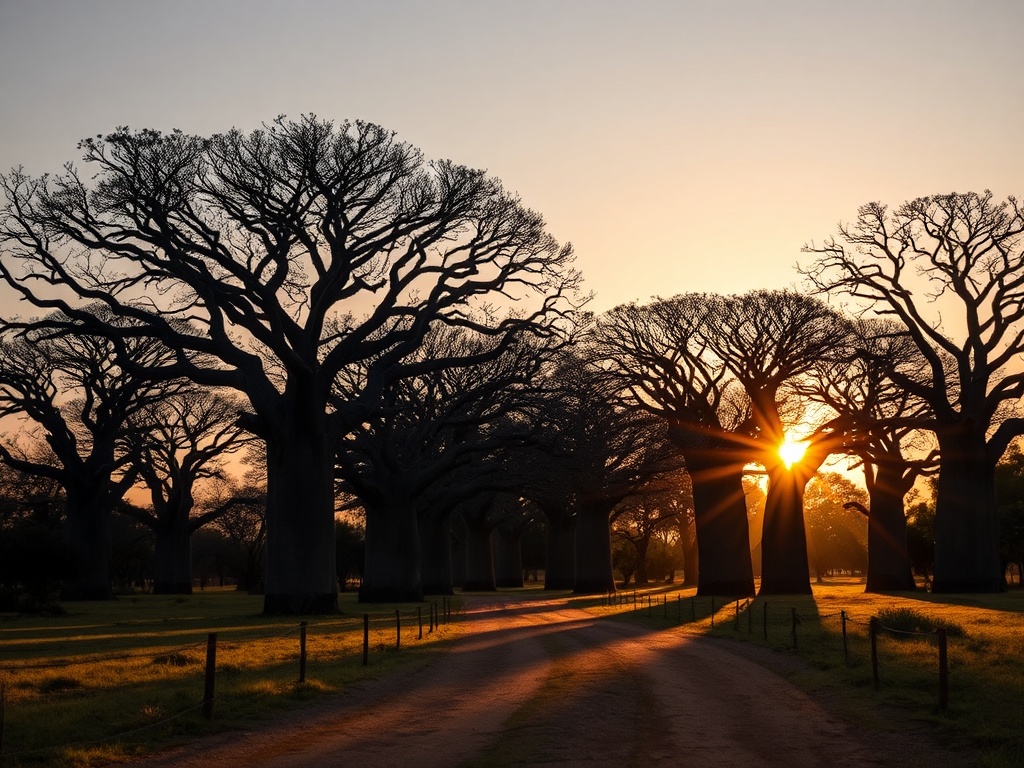 Madagascar's Avenue of the Baobabs at sunset, with massive trees casting long shadows