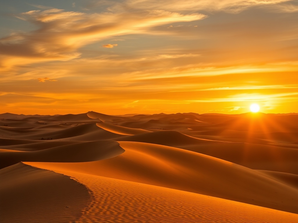 Mongolia's Gobi Desert, vast dunes under a golden sunset sky