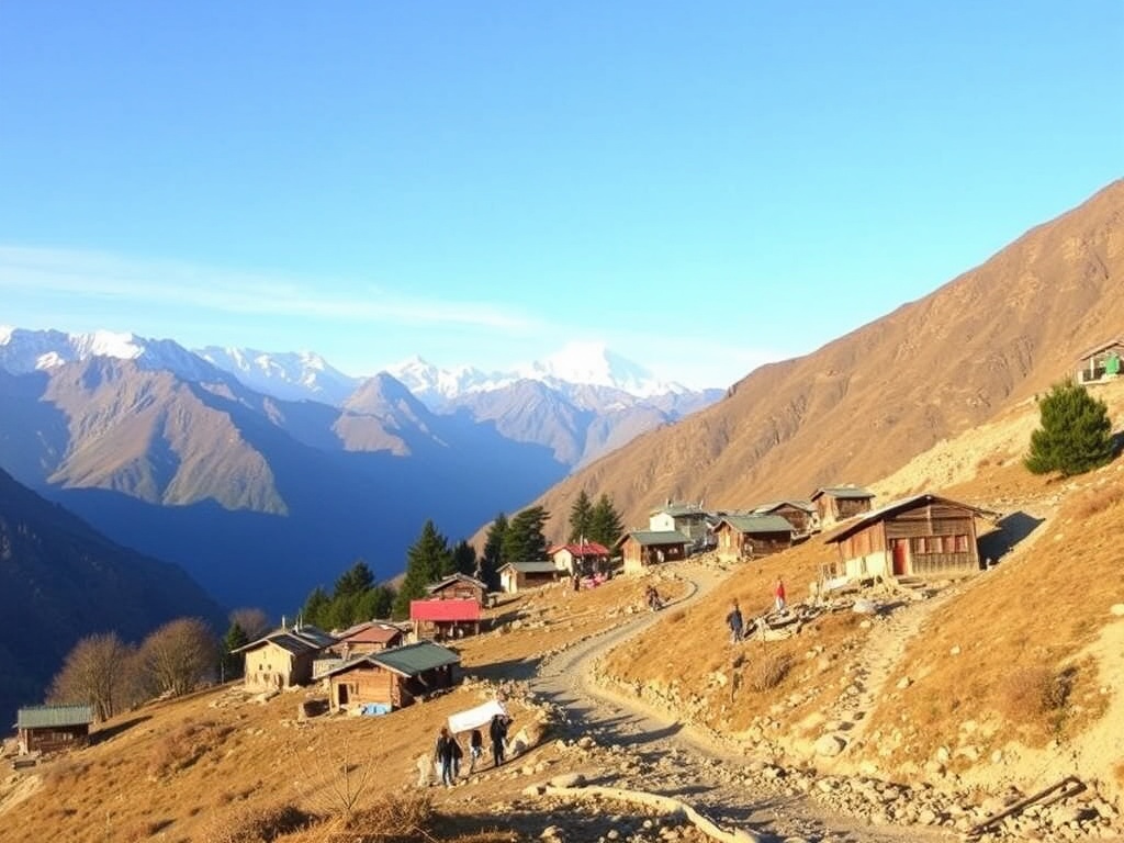 Nepal's Manaslu Circuit trekking trail, with distant snow-capped peaks and small village huts