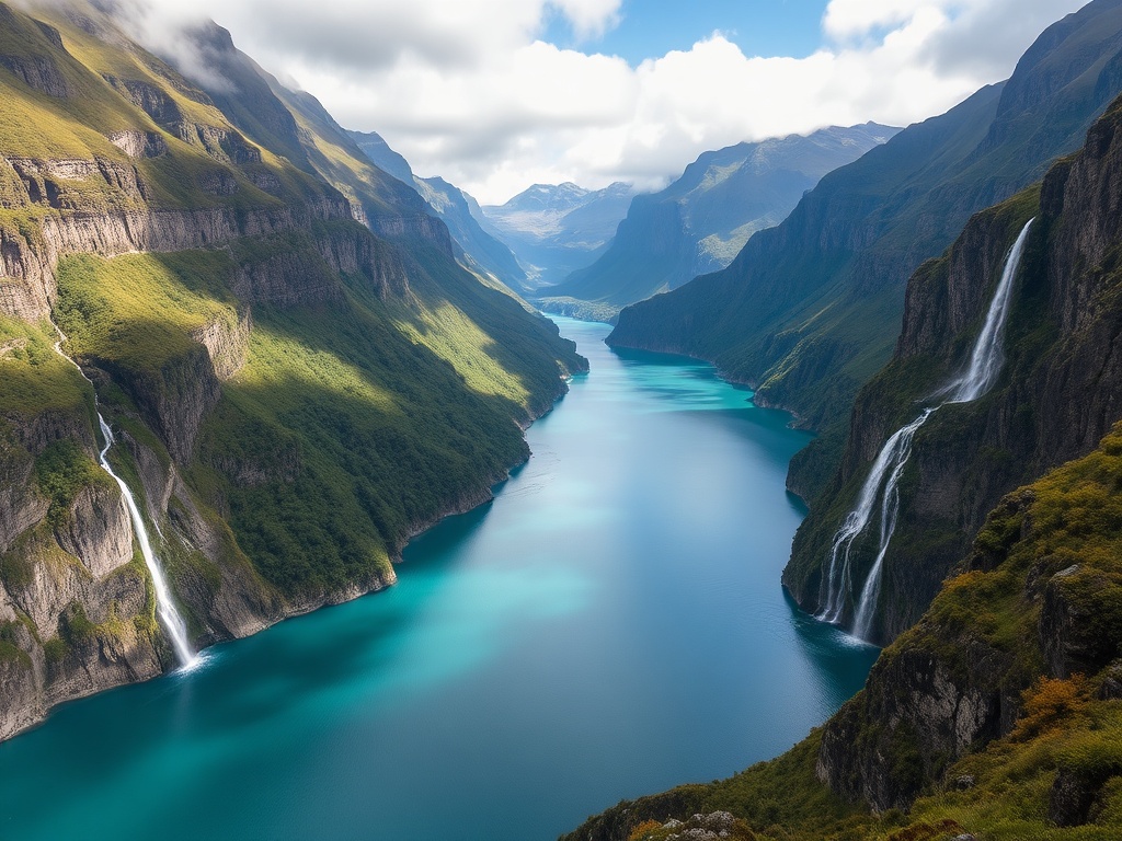 New Zealand fjords, with towering cliffs and cascading waterfalls into the turquoise water below