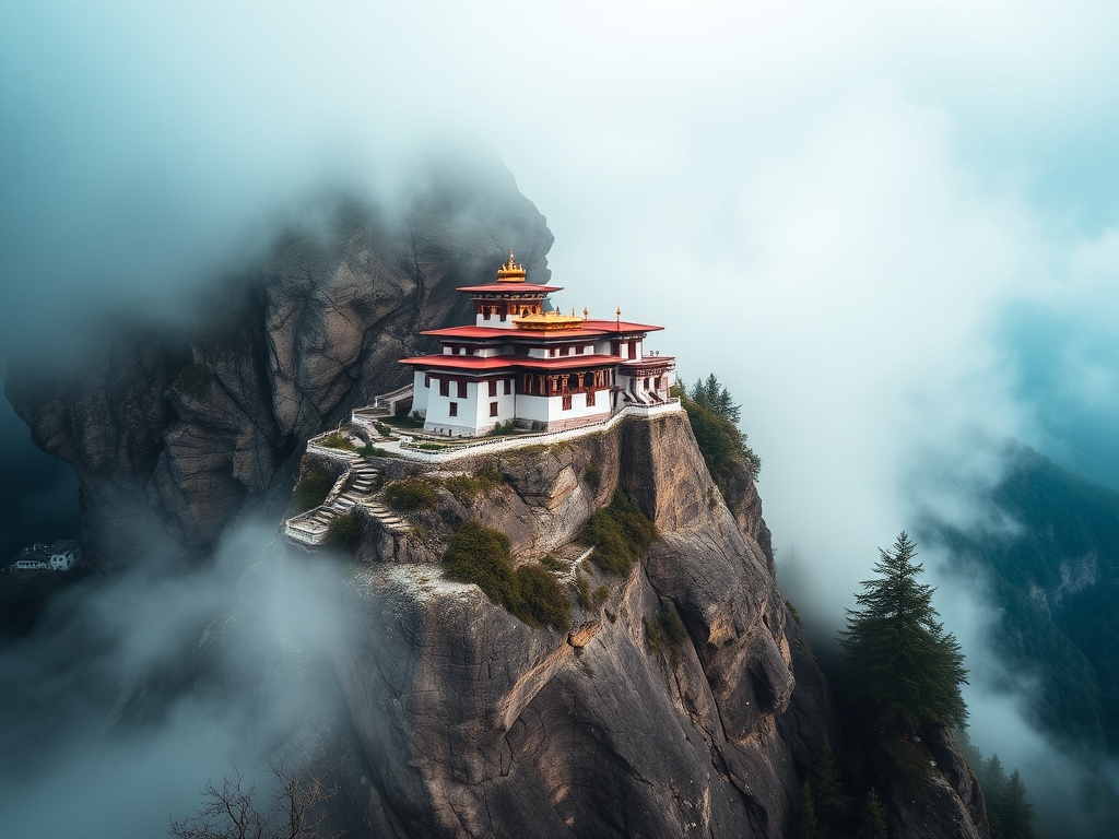 Tiger's Nest Monastery in Bhutan, perched on a rocky cliff, enveloped by mist