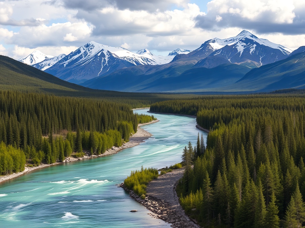 Yukon's wild landscapes with pristine rivers and dense forests, framed by towering mountains