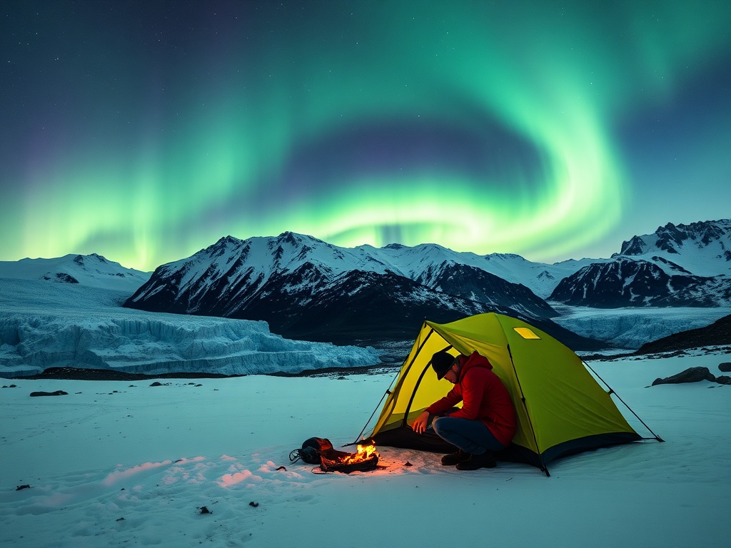 A camper setting up a tent under the vibrant Northern Lights, surrounded by glaciers and snowy landscapes.