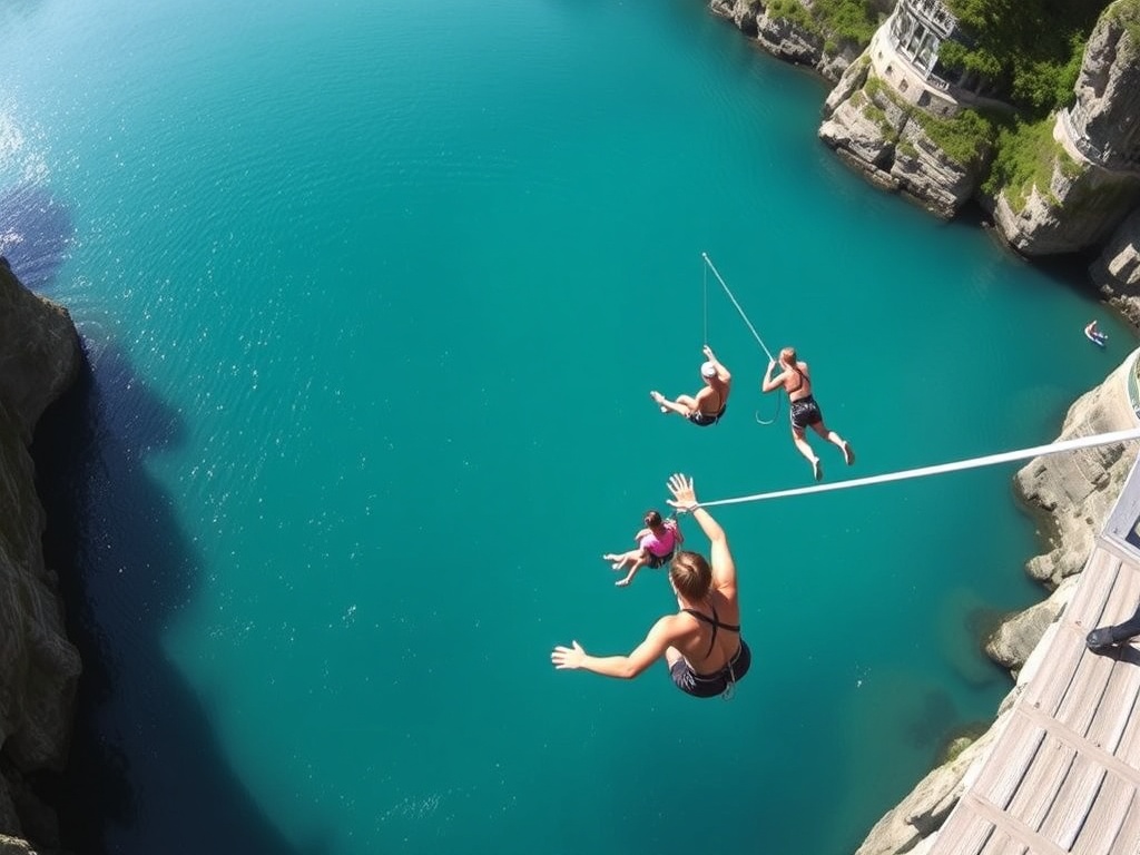 A group of adventure-seekers bungee jumping off a bridge into the deep turquoise waters below in New Zealand.