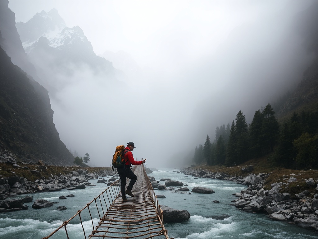 A hiker crossing a rope bridge over a river in the Himalayas, mist surrounding tall snow-capped mountains.