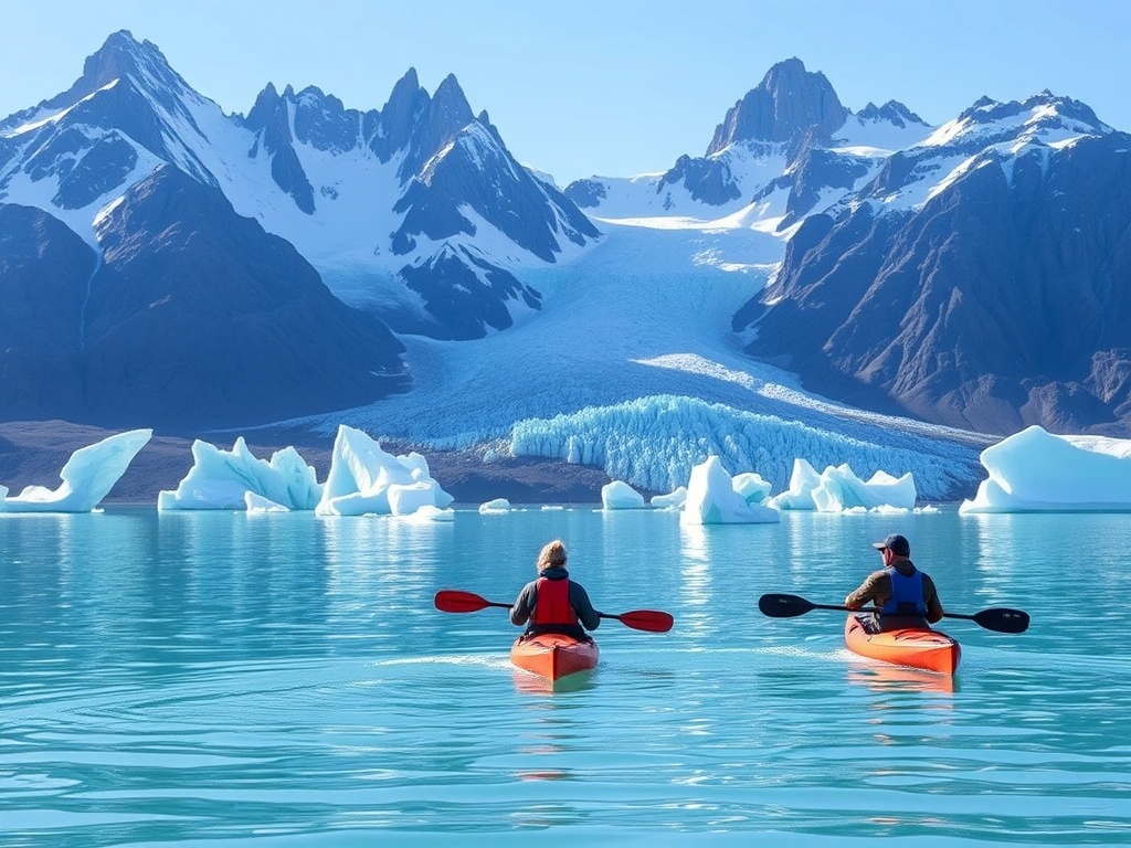 A pair of kayakers paddling in the turquoise waters of Patagonia, surrounded by towering glacial mountains and icebergs.