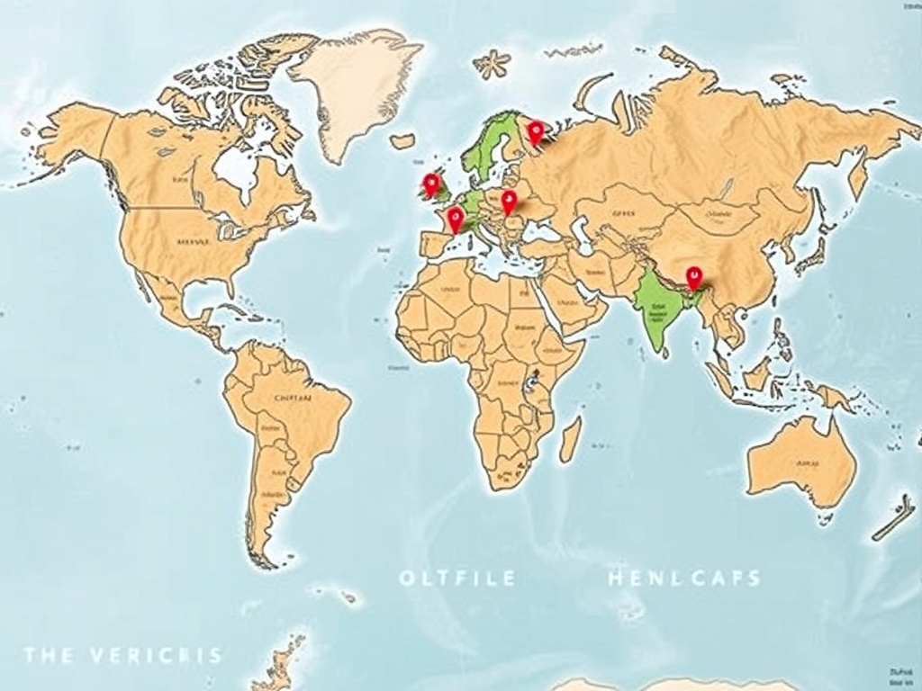 A world map with pins marking offbeat adventure destinations, mountains, beaches, and forests around the globe.