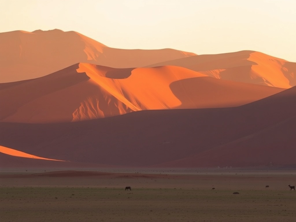 The towering red sand dunes of Sossusvlei at sunrise, casting long shadows across the desert floor with wild animals in the distance.