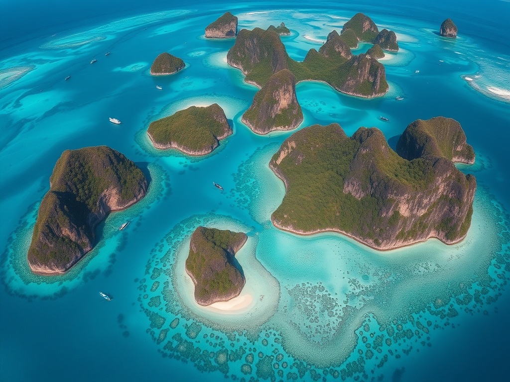 aerial view of Raja Ampat islands with turquoise waters, limestone karsts, and coral reefs