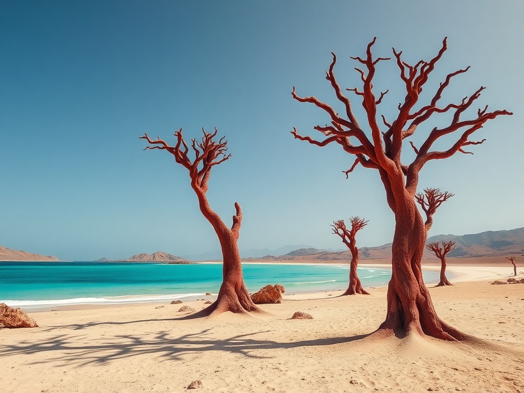alien-like dragon blood trees on Socotra island with surreal landscape and turquoise coastline