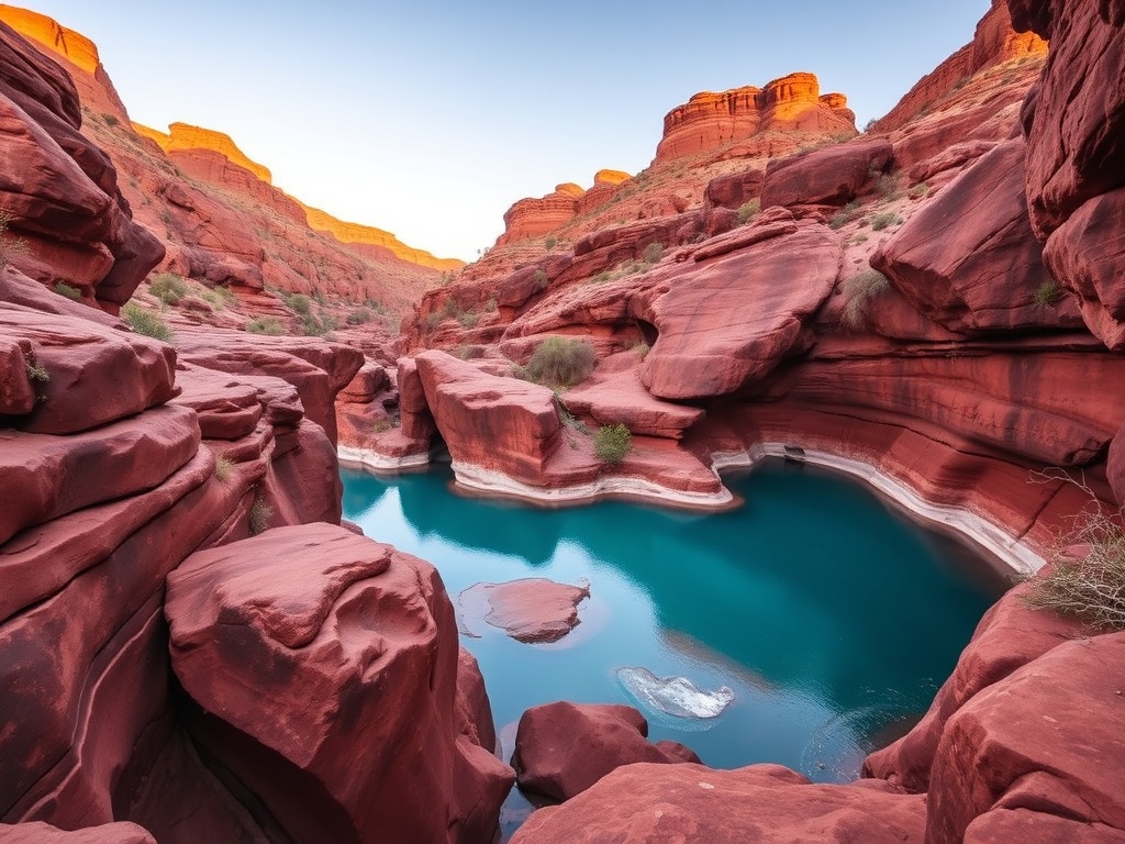 deep red gorges of Karijini National Park with turquoise water pools and rugged rock formations